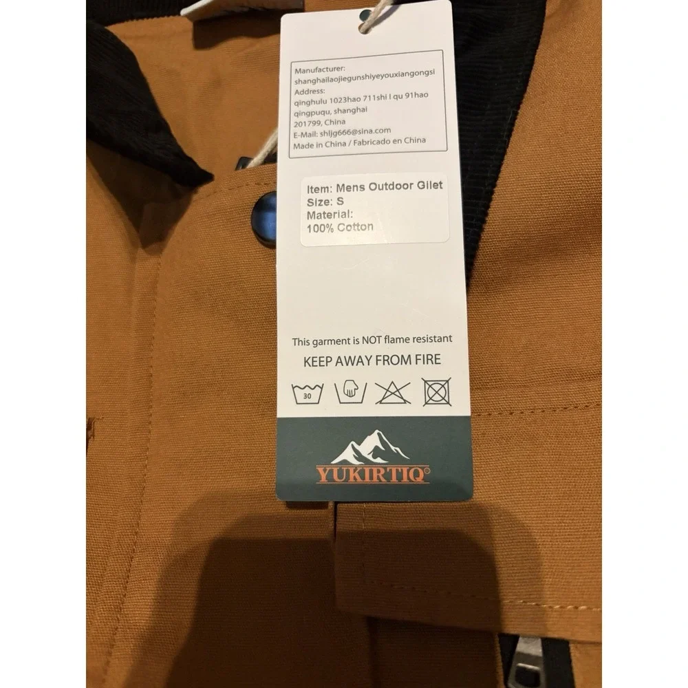 YUKIRTIQ Mens Outdoor Work Utility Vest Size S Brown Reflective Multi Pocket NWT
